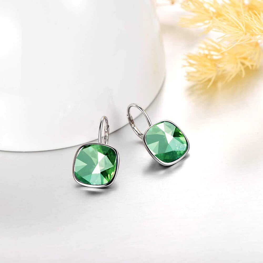 Sterling Silver Cushion Cut Green Crystal Square Lever-back Earrings for Women-4