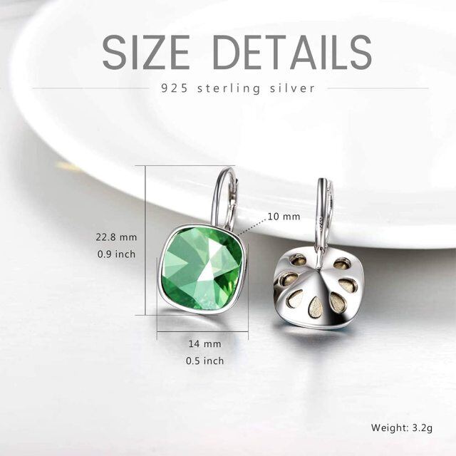 Sterling Silver Cushion Cut Green Crystal Square Lever-back Earrings for Women-5