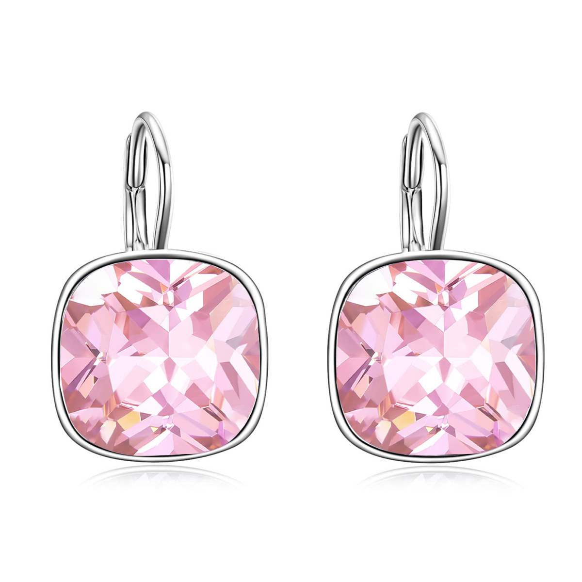 Sterling Silver Cushion Cut Pink Crystal Square Lever-back Earrings for Women-1