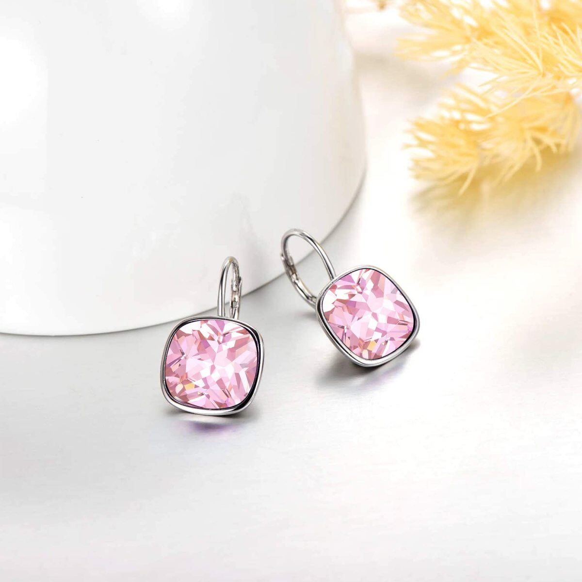 Sterling Silver Cushion Cut Pink Crystal Square Lever-back Earrings for Women-3