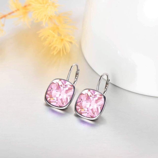 Sterling Silver Cushion Cut Pink Crystal Square Lever-back Earrings for Women-4