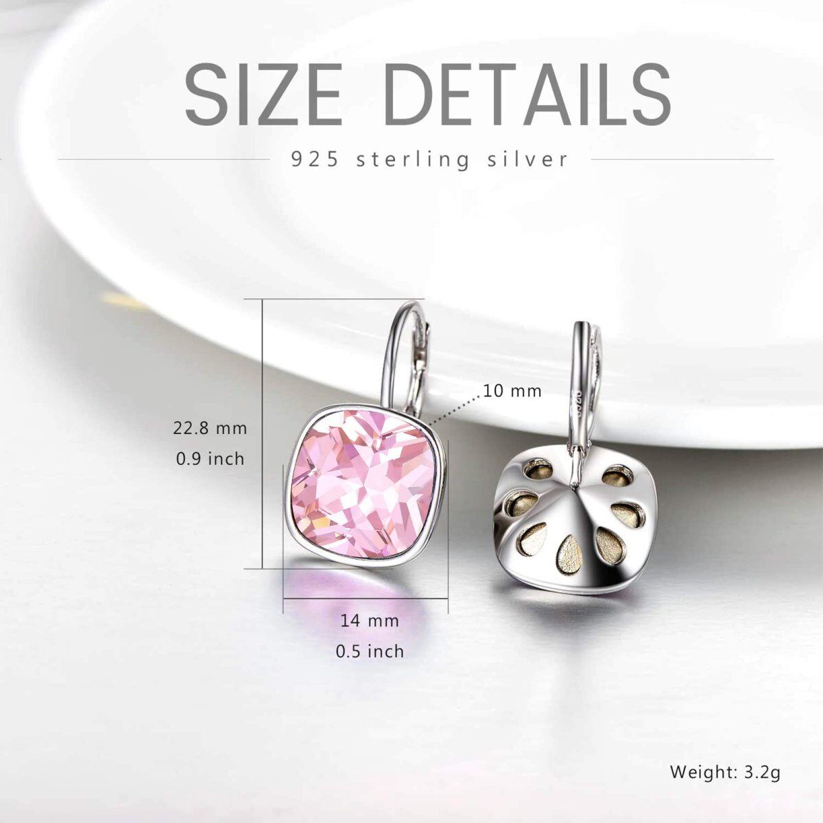 Sterling Silver Cushion Cut Pink Crystal Square Lever-back Earrings for Women-5