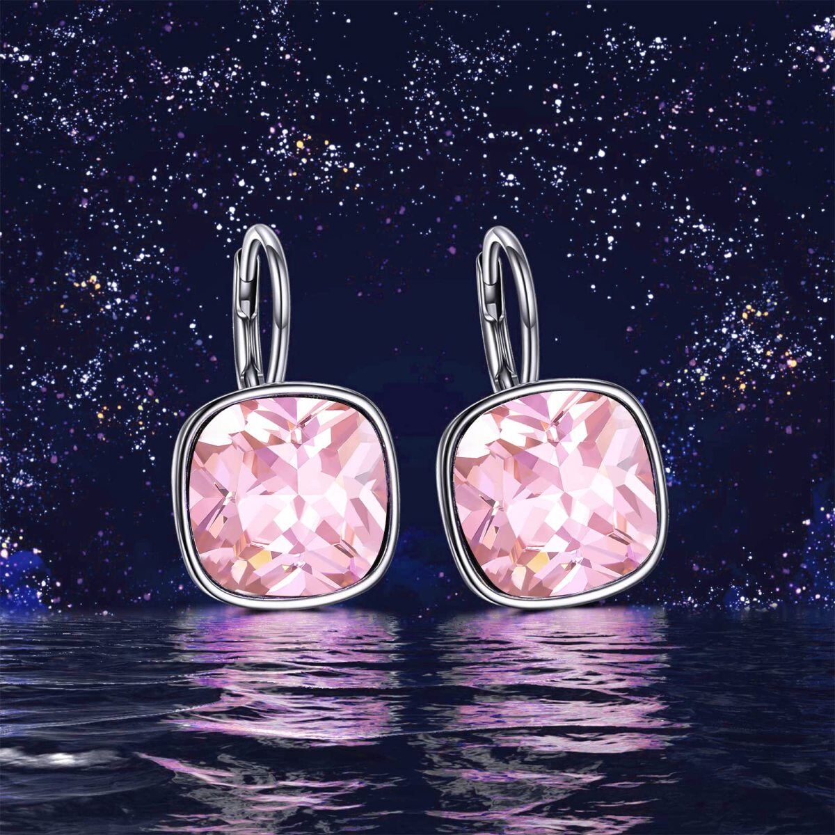 Sterling Silver Cushion Cut Pink Crystal Square Lever-back Earrings for Women-6