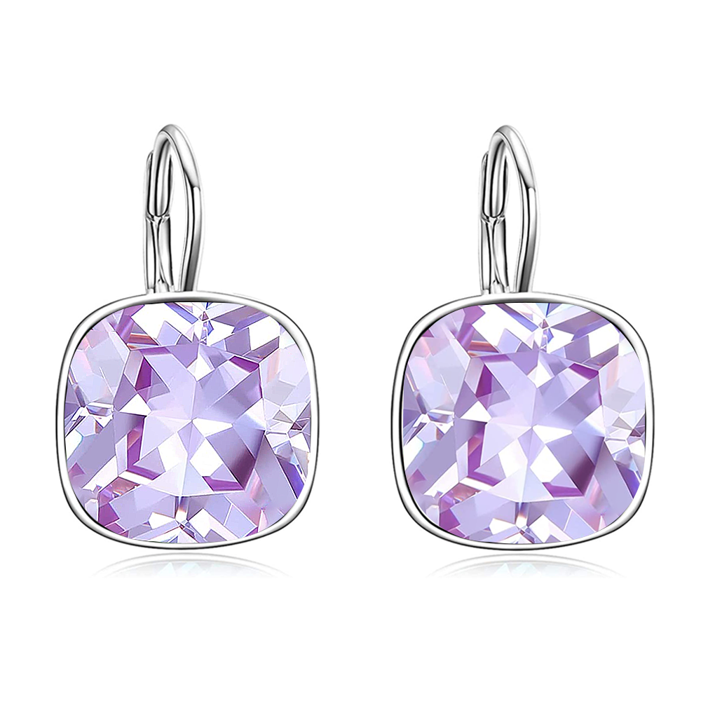 Sterling Silver Cushion Cut Purple Crystal Square Lever-back Earrings for Women-1