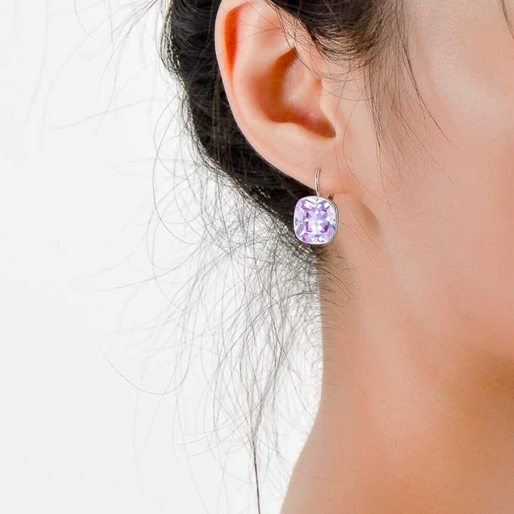 Sterling Silver Cushion Cut Purple Crystal Square Lever-back Earrings for Women-3