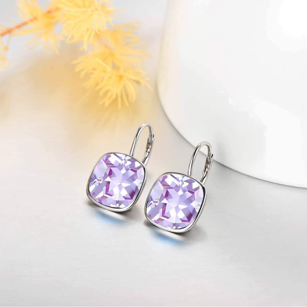 Sterling Silver Cushion Cut Purple Crystal Square Lever-back Earrings for Women-4