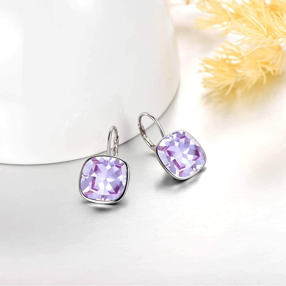 Sterling Silver Cushion Cut Purple Crystal Square Lever-back Earrings for Women-5