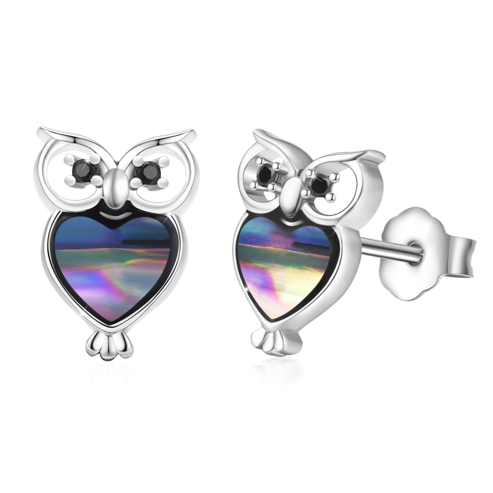 Pendientes de plata de ley con forma de búho y abulón-1