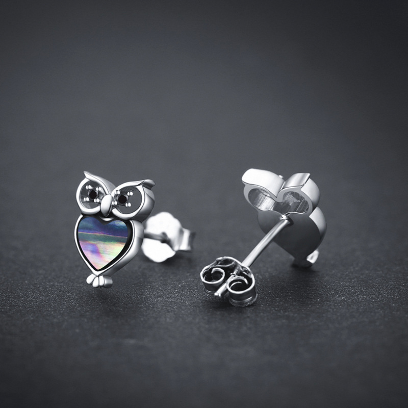 Sterling Silver Abalone Shellfish Owl Stud Earrings-5