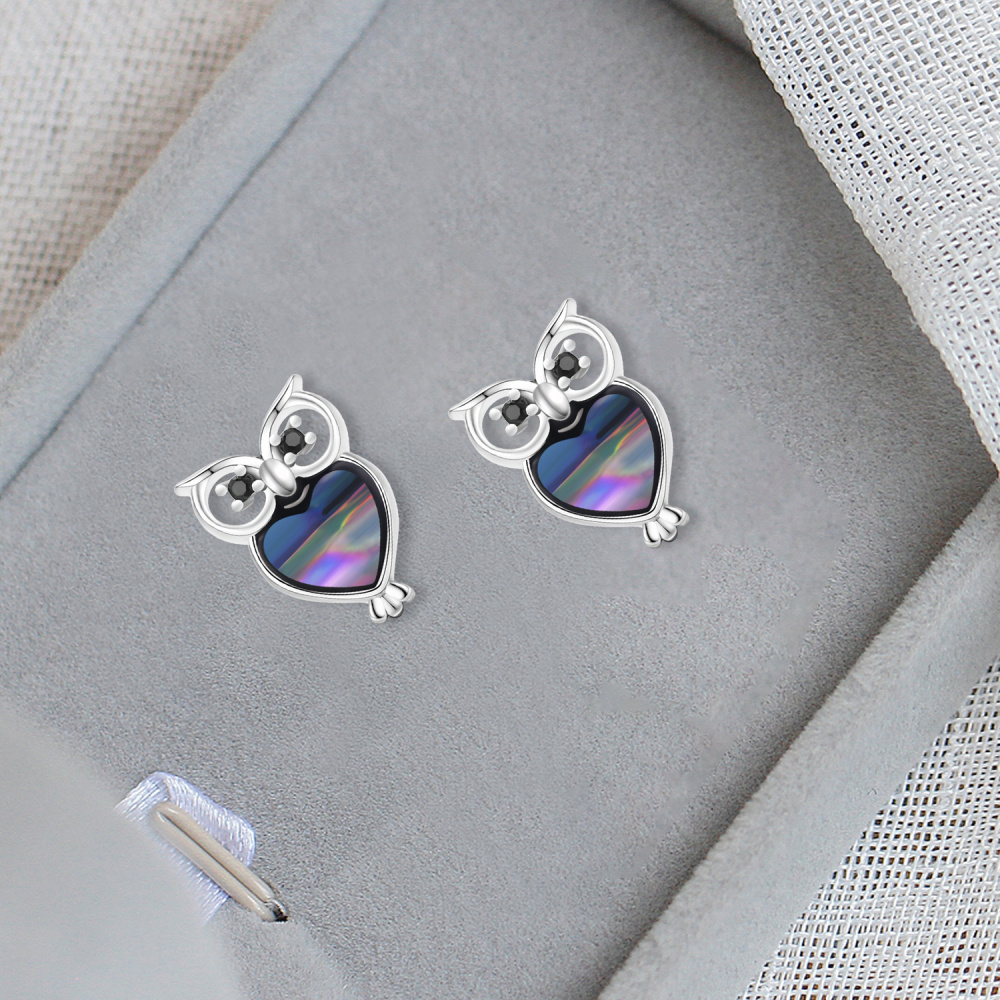 Pendientes de plata de ley con forma de búho y abulón-6