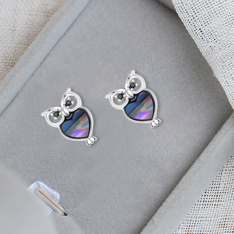 Sterling Silver Abalone Shellfish Owl Stud Earrings-6