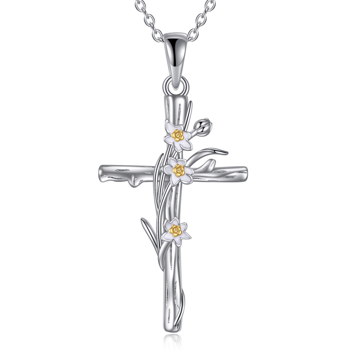 Sterling Silver Daffodil & Cross Pendant Necklace-1