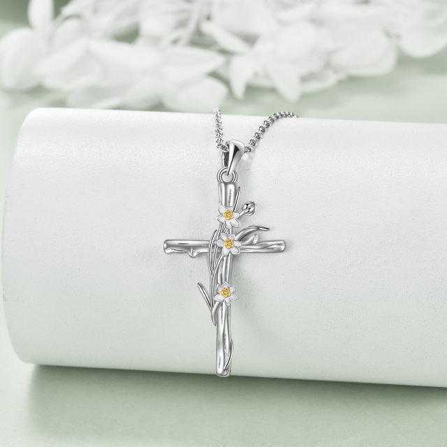 Sterling Silver Daffodil & Cross Pendant Necklace-3