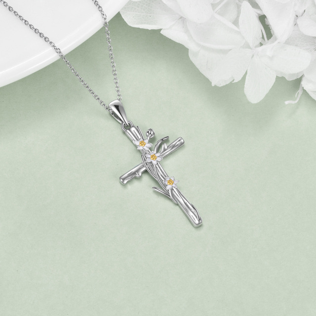 Sterling Silver Daffodil & Cross Pendant Necklace-4