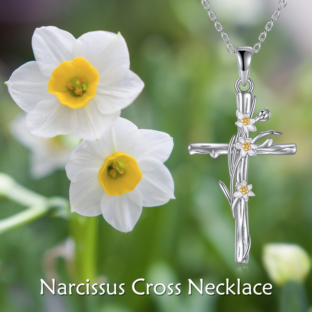 Sterling Silver Daffodil & Cross Pendant Necklace-6