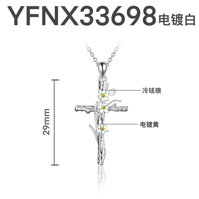 Colar com pingente de narciso e cruz em prata de lei-7