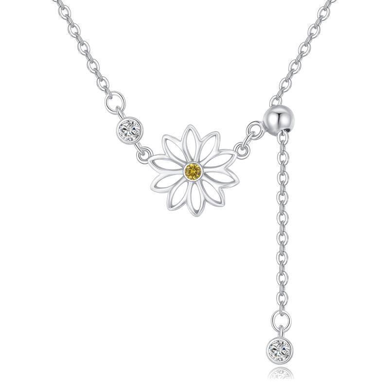 Sterling Silver Cubic Zirconia Daisy Adjustable Y Necklace-1