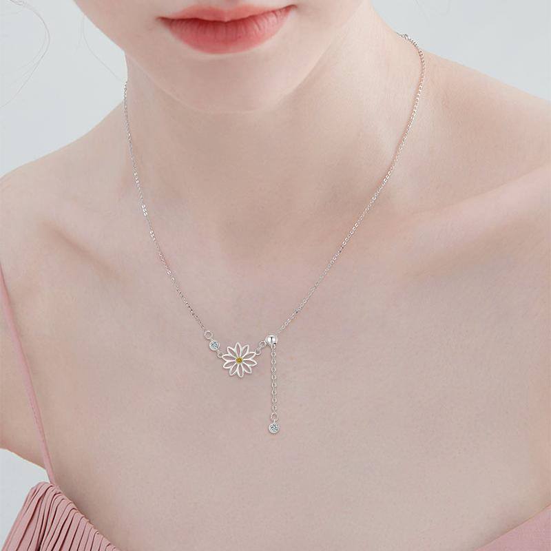 Sterling Silver Cubic Zirconia Daisy Adjustable Y Necklace-2