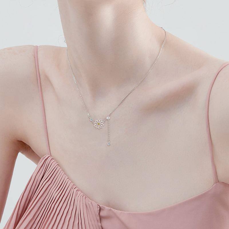 Sterling Silver Cubic Zirconia Daisy Adjustable Y Necklace-3
