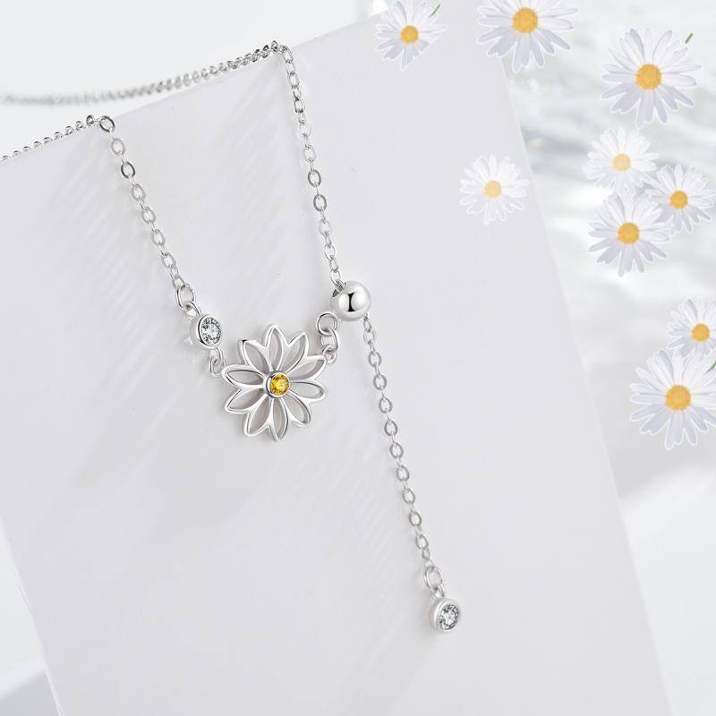 Sterling Silver Cubic Zirconia Daisy Adjustable Y Necklace-4