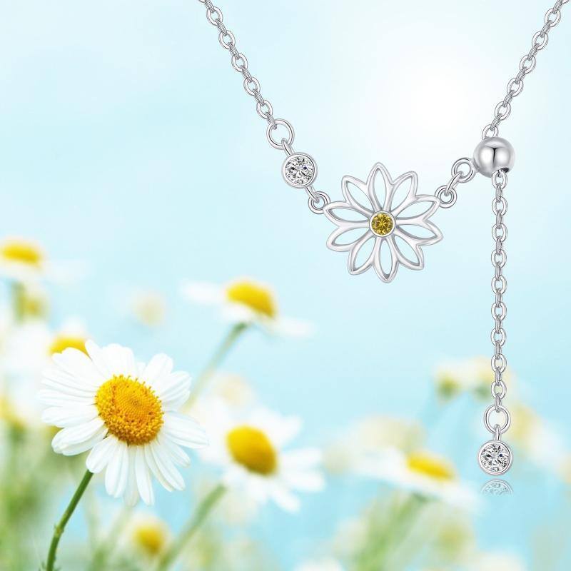 Sterling Silver Cubic Zirconia Daisy Adjustable Y Necklace-5