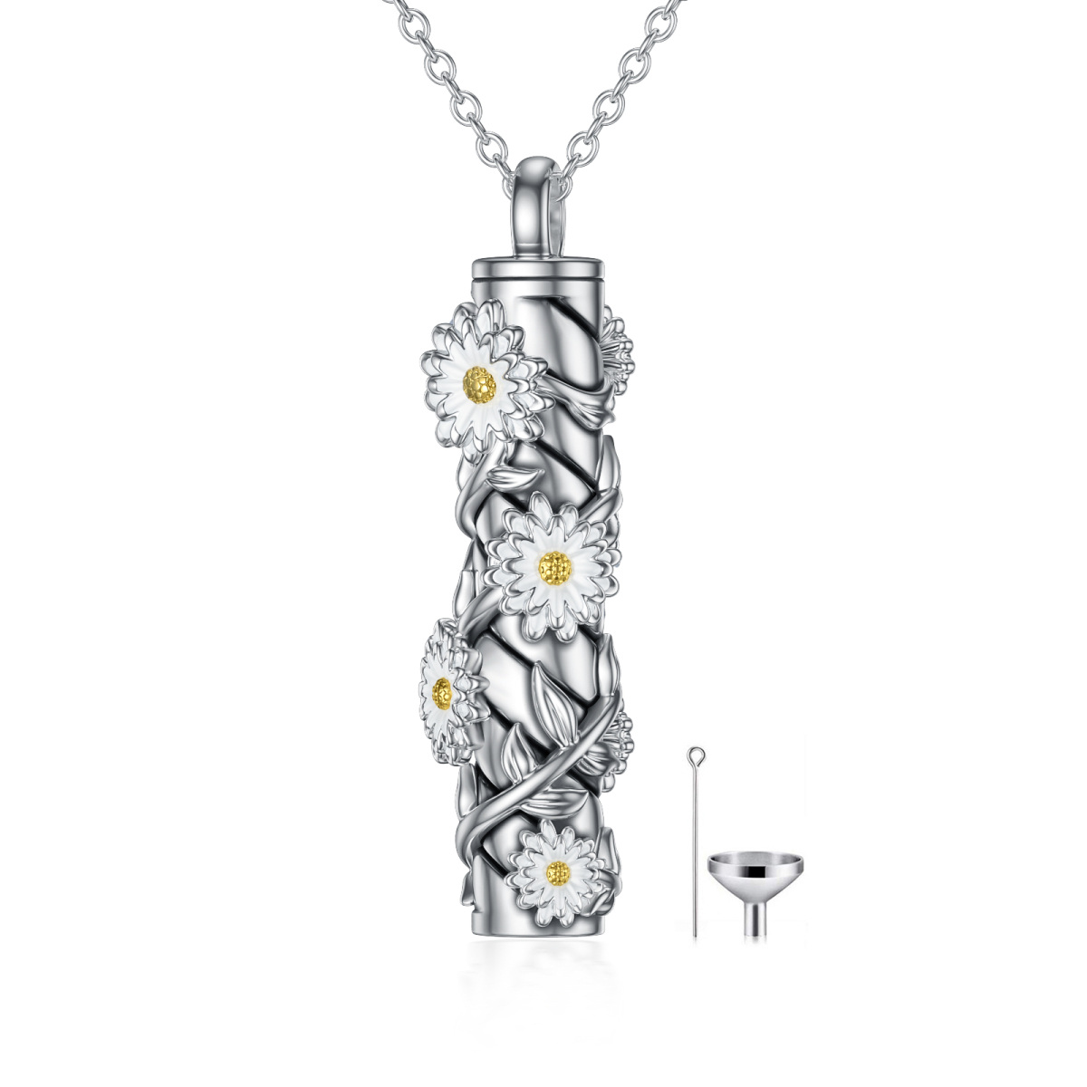 Collana con ciondolo per urna in argento sterling con fiore di nascita a margherita e barra per le ceneri-1