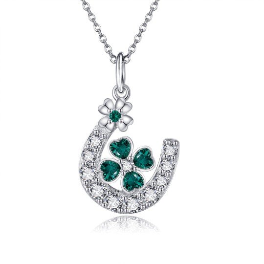 Sterling Silver Cubic Zirconia Daisy & Four Leaf Clover & Horseshoe Pendant Necklace