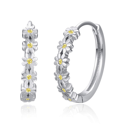 Sterling Silver Cubic Zirconia Daisy Hoop Earrings-1