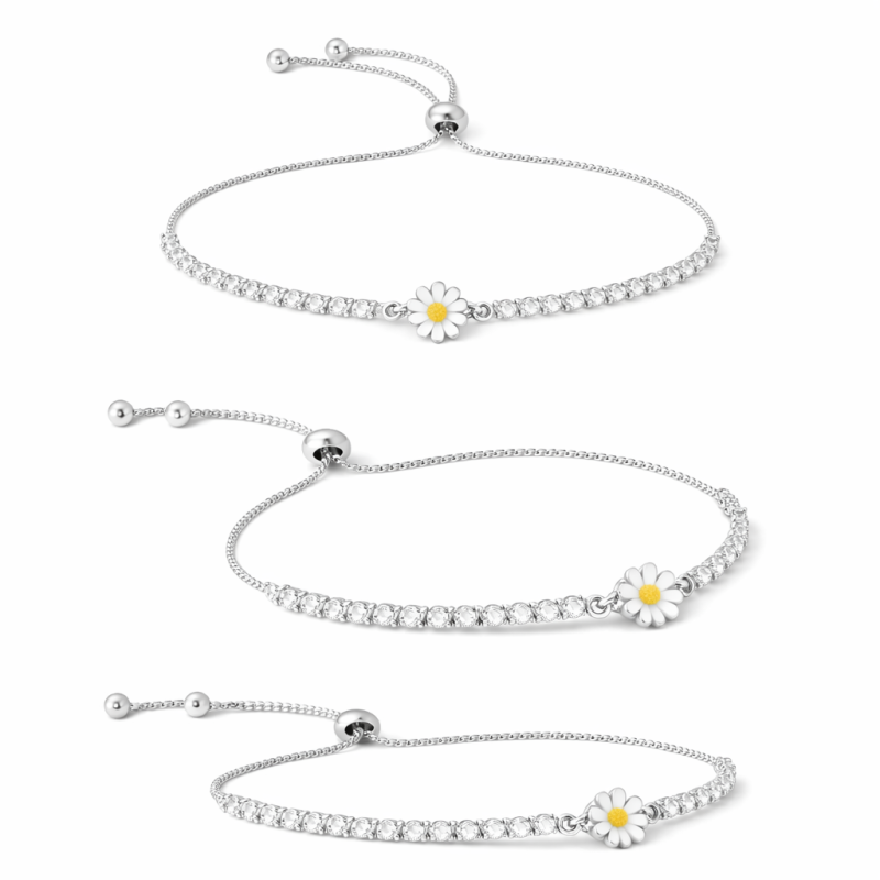 Sterling Silver Cubic Zirconia Daisy Tennis Chain Adjustable Bolo Bracelet-3