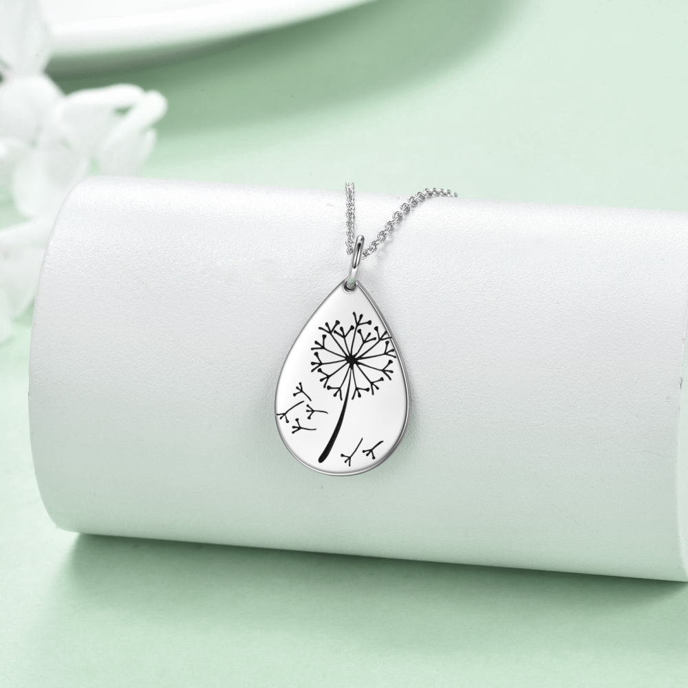 Sterling Silver Dandelion & Drop Shape Pendant Necklace-3