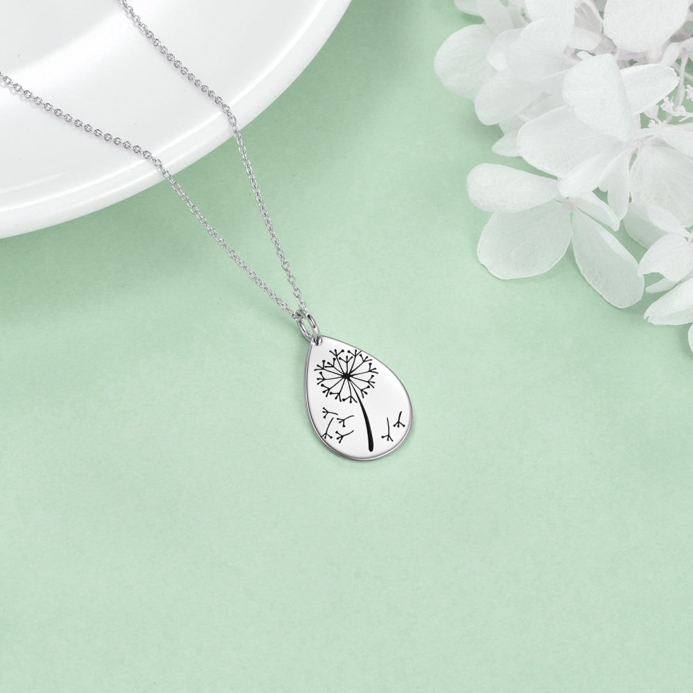 Sterling Silver Dandelion & Drop Shape Pendant Necklace-4
