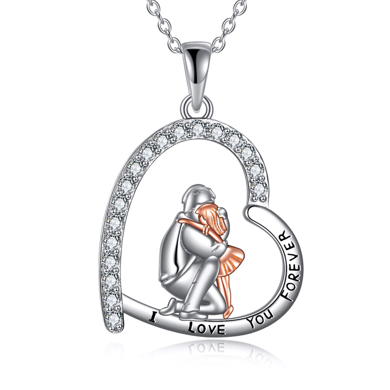 Sterling Silver Two-tone Father & Daughter & Heart Engraved Necklace for Women-1