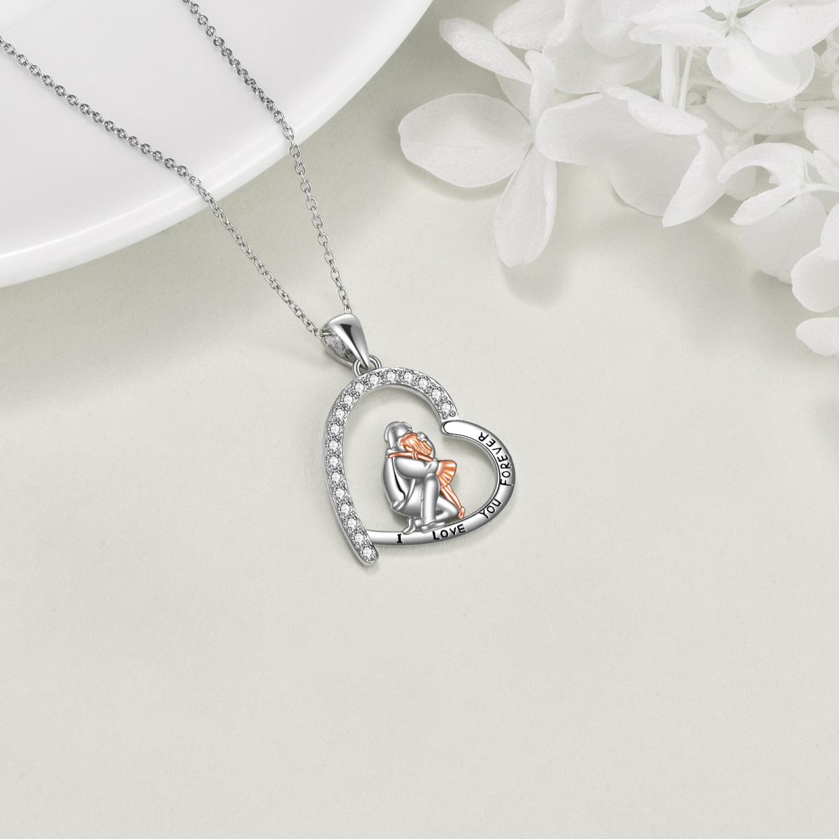 Collar de plata de ley con corazón grabado en dos tonos para padre e hija para mujer-4