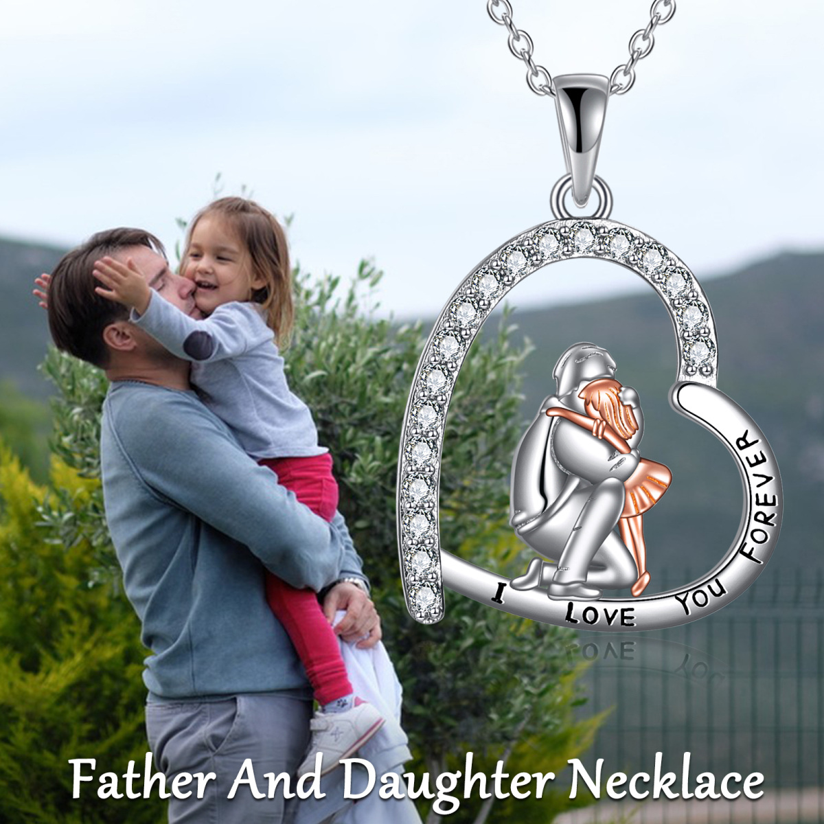 Collar de plata de ley con corazón grabado en dos tonos para padre e hija para mujer-6