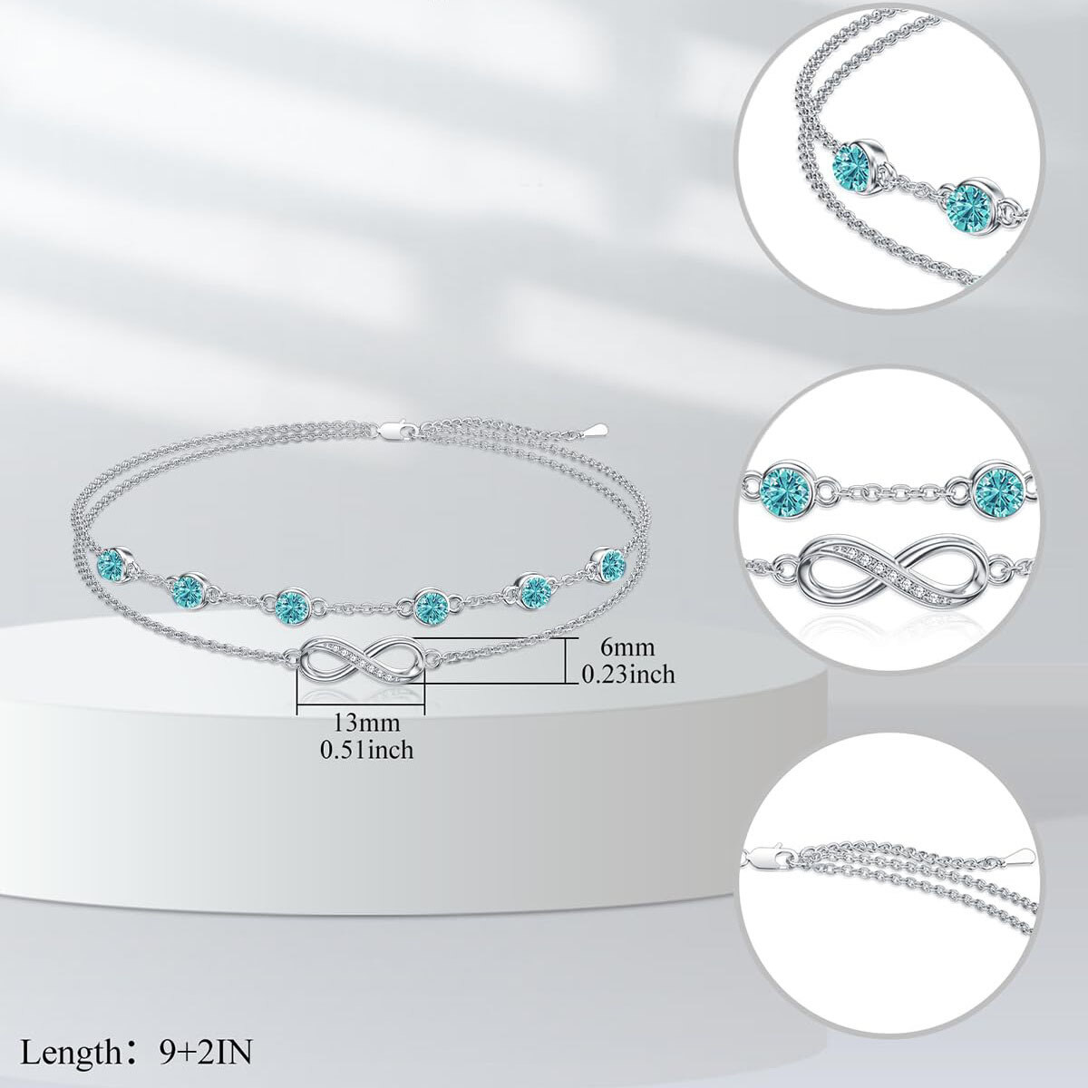 Sterling Silber Zirkonia Geburtsstein Dezember Unendlichkeitssymbol Mehrlagiges Fußkettchen-4