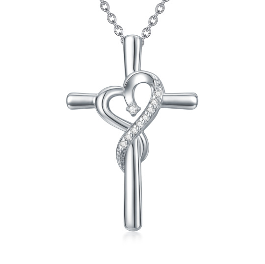 Sterling Silver Diamond Cross & Heart Pendant Necklace