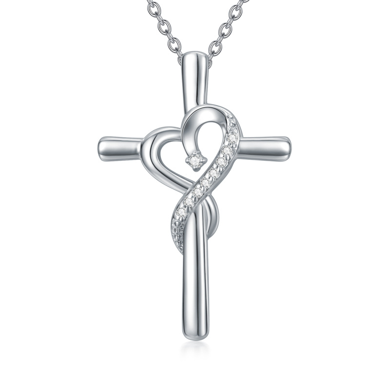 Sterling Silver Diamond Cross & Heart Pendant Necklace-12