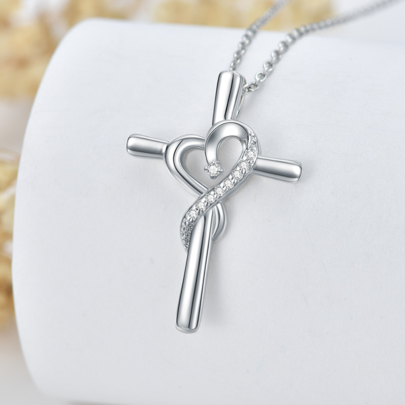 Sterling Silver Diamond Cross & Heart Pendant Necklace-3