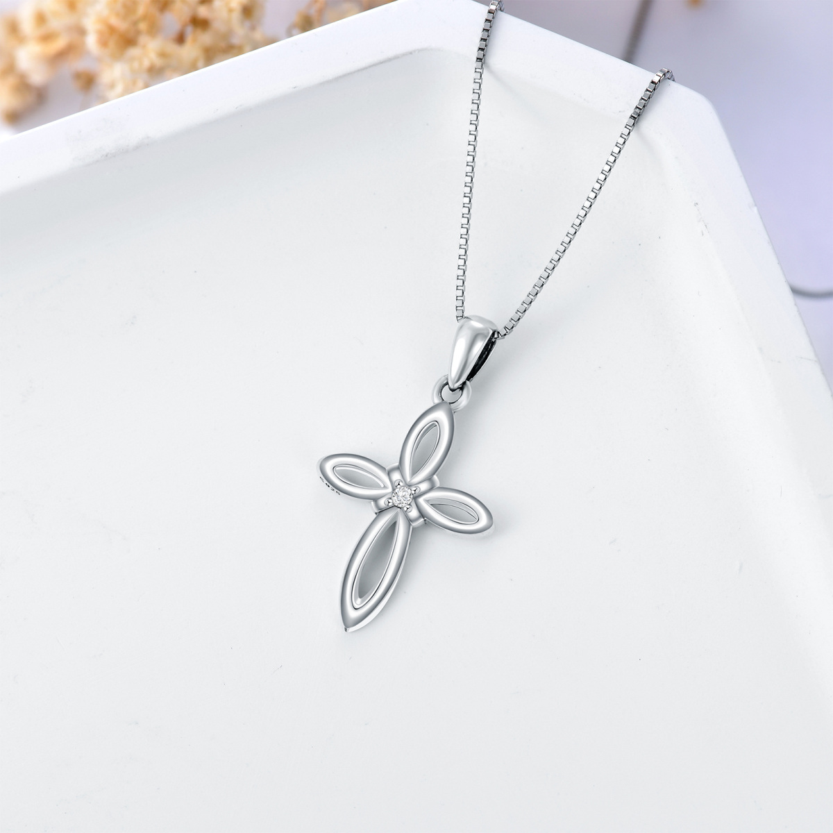 Sterling Silver Diamond Cross Knot Pendant Necklace-3