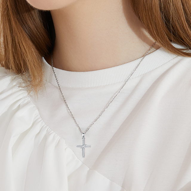 Sterling Silver Diamond Cross Pendant Necklace-2