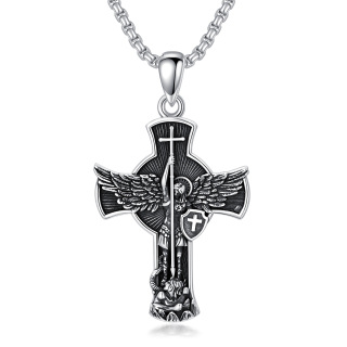 Sterling Silver Diamond Cut Cross & Saint Michael Pendant Necklace for Men-22