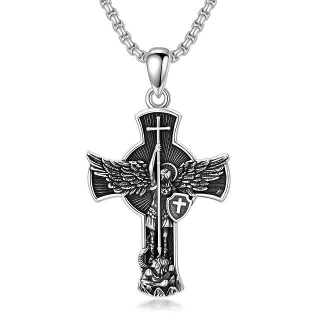 Sterling Silver Diamond Cut Cross & Saint Michael Pendant Necklace for Men