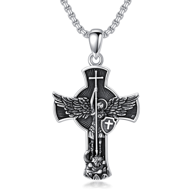 Sterling Silver Diamond Cut Cross & Saint Michael Pendant Necklace for Men-7