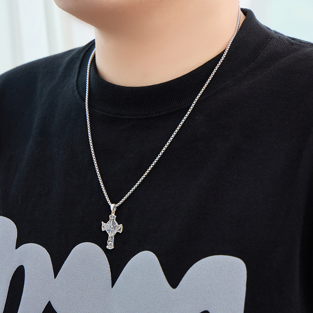 Collier en argent sterling avec croix taillée en diamant et pendentif Saint Michel pour hommes-2