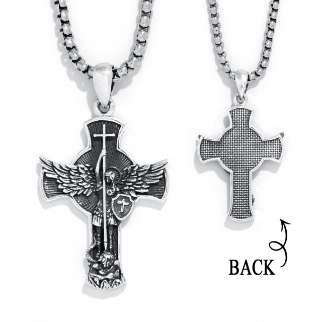 Sterling Silver Diamond Cut Cross & Saint Michael Pendant Necklace for Men-3