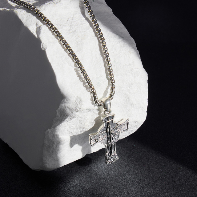 Sterling Silver Diamond Cut Cross & Saint Michael Pendant Necklace for Men-4