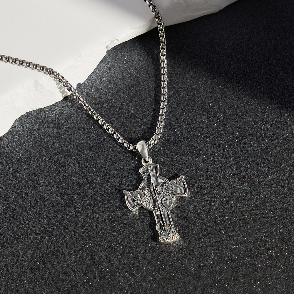 Sterling Silver Diamond Cut Cross & Saint Michael Pendant Necklace for Men-5