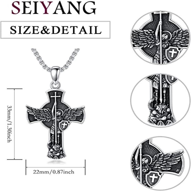 Sterling Silver Diamond Cut Cross & Saint Michael Pendant Necklace for Men-6