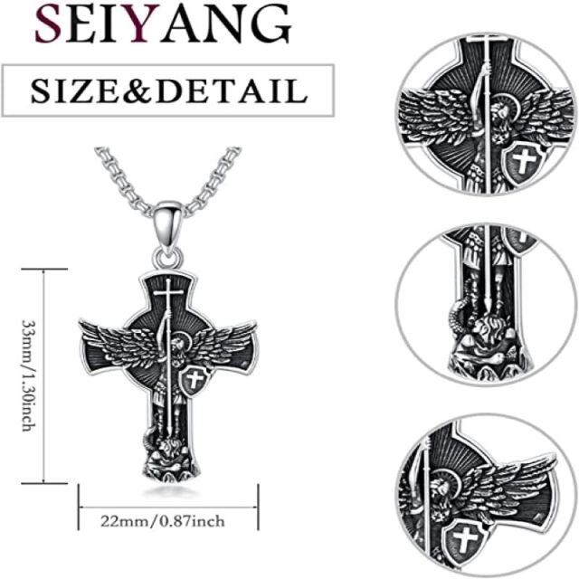 Sterling Silver Diamond Cut Cross & Saint Michael Pendant Necklace for Men-6