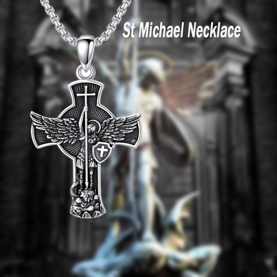 Collier en argent sterling avec croix taillée en diamant et pendentif Saint Michel pour hommes-7